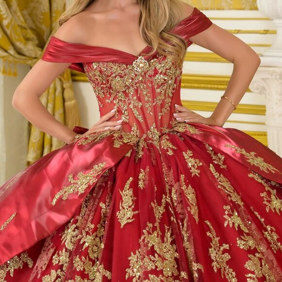 New Burgundy Off Shoulder Quinceanera Satin Dress w/ Pleated Straps GL3791 - Picture 5 of 15
